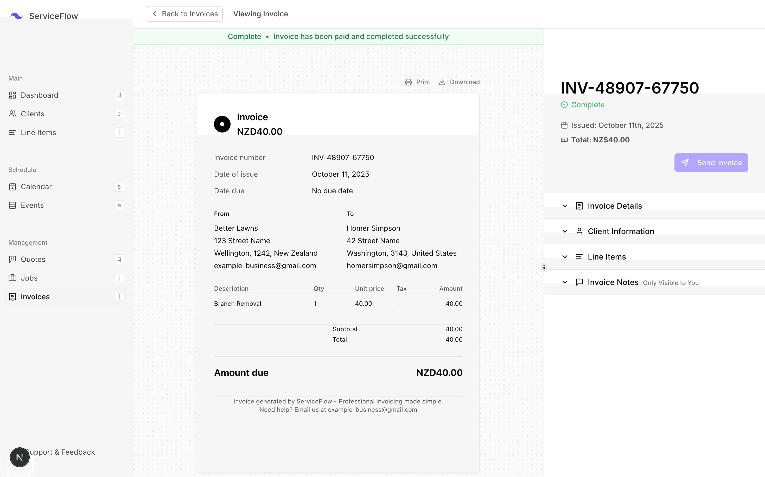Invoice interface screenshot